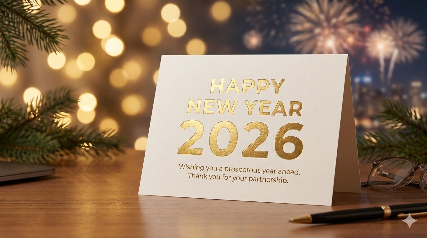 Saludo 2026 Nuestro arreglo de vacaciones de Año Nuevo.